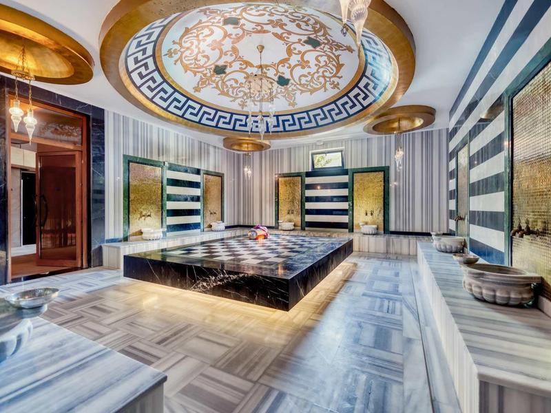 Salle de spa luxueuse avec bassin en marbre, plafond orné et panneaux muraux élégants.