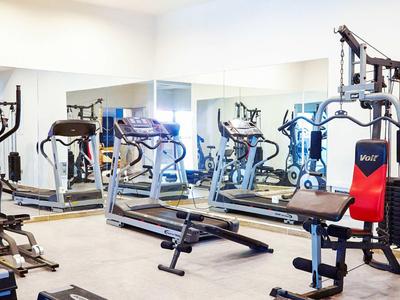 Modern gym with strength equipment and mirrored wall in bright room.
