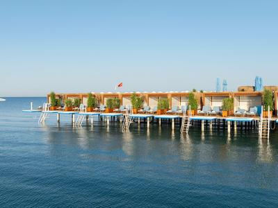 Jetée en bois avec bungalows de plage et plantes sur une mer calme sous un ciel clair