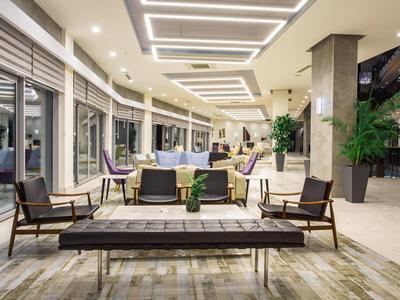 Moderner Sitzbereich mit Holzstühlen, Sofas, großen Pflanzen und hellem Deckenlicht in einer Lounge.