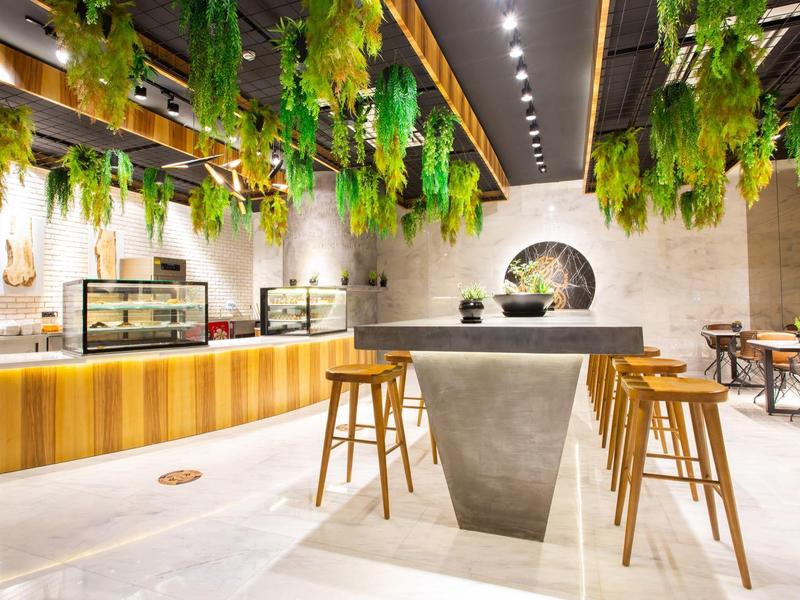 Modern cafe interior with hanging greenery, wooden stools, and a concrete table under bright lights.