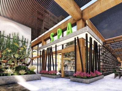 Moderne spa-entree met grote glazen wanden, houten balken en hoge planten in een gezellige omgeving.