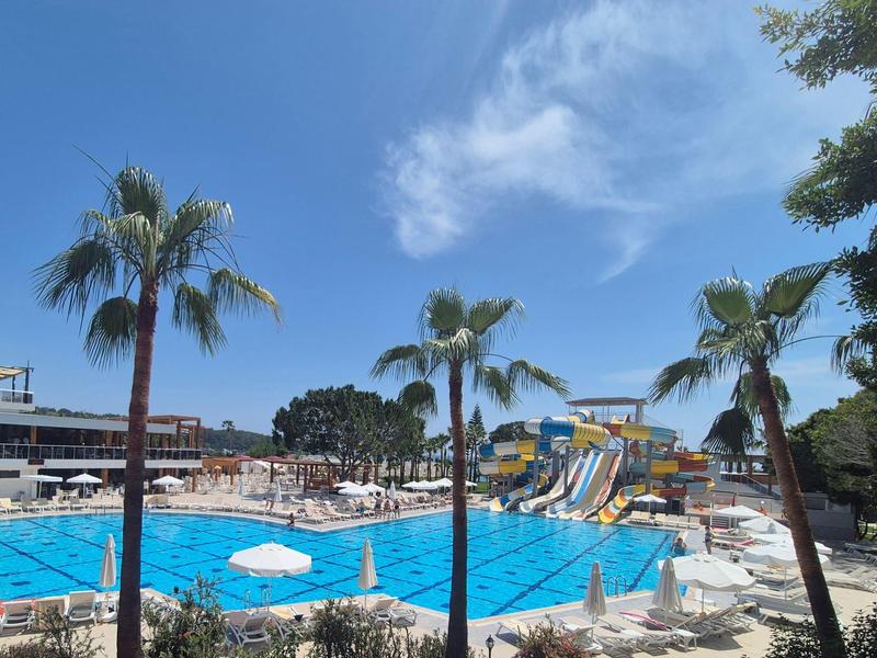 Zwembad met glijbanen, ligstoelen en palmbomen onder een heldere blauwe lucht.