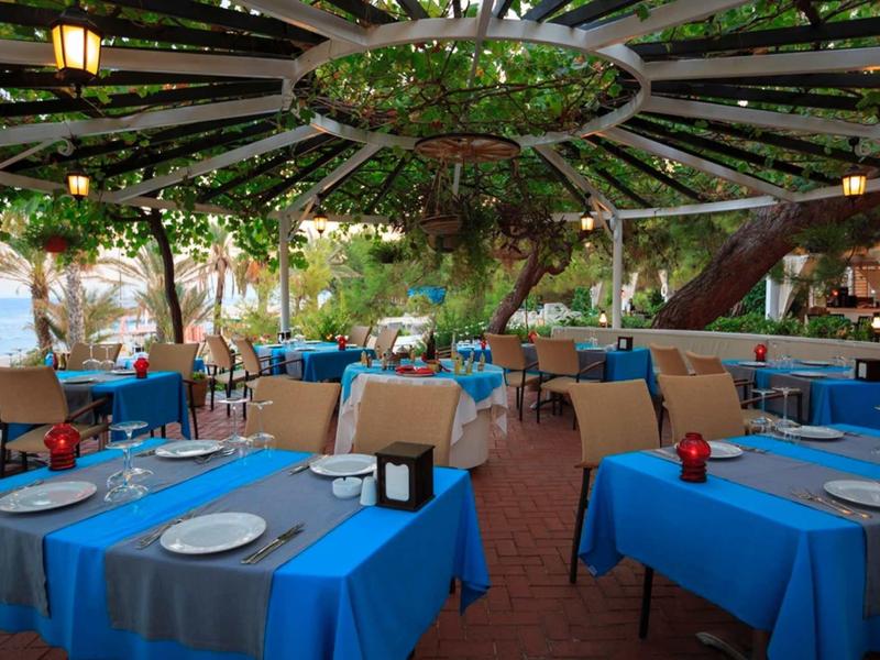 Restaurace s modrými ubrusy, prostřenými stoly a zastřešenou zahradní atmosférou.