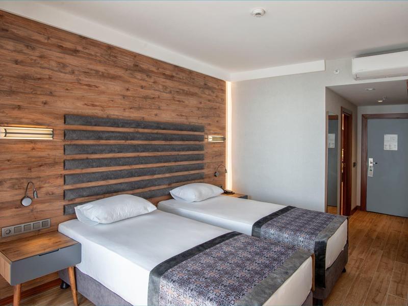 Moderne hotelkamer met twee eenpersoonsbedden, houten muur, ingang en airconditioning.