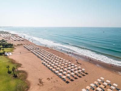 Longue plage de sable avec des rangées de parasols et de chaises longues au bord d'une mer bleue calme.
