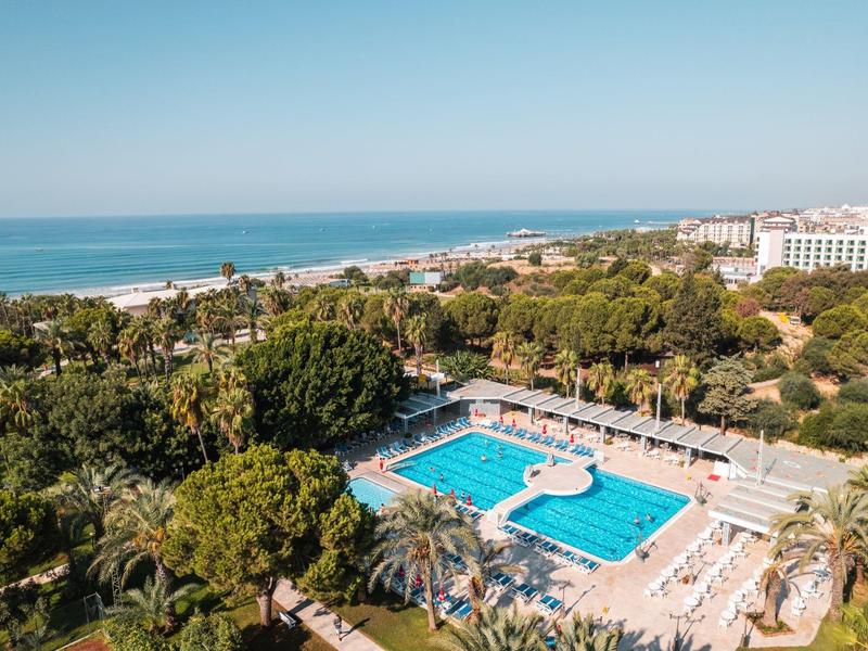 Complex avec une grande piscine extérieure entourée de palmiers près du littoral.