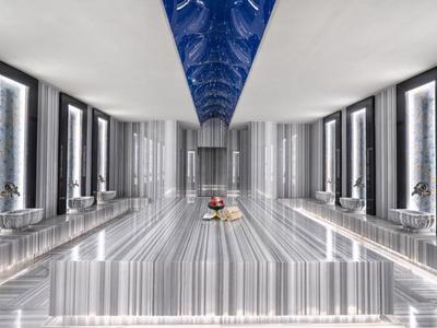 Luksusowe wnętrze z długim centralnym basenem pod niebieskim zdobionym sufitem.