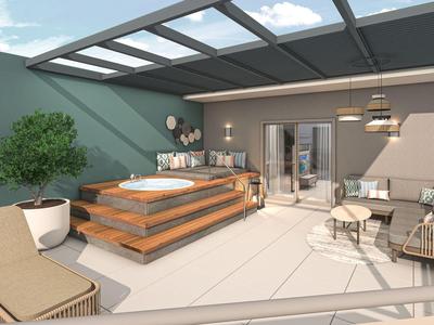 Moderní terasa s vířivkou, odpočinkovou zónou a verandou pod skleněnou střechou.