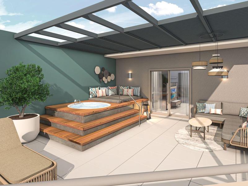 Moderní terasa s vířivkou, odpočinkovou zónou a verandou pod skleněnou střechou.