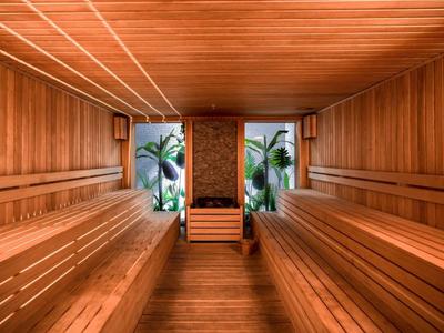 Innensauna aus Holz mit Bänken und Fenster, durch das Palmen und Natur sichtbar sind.