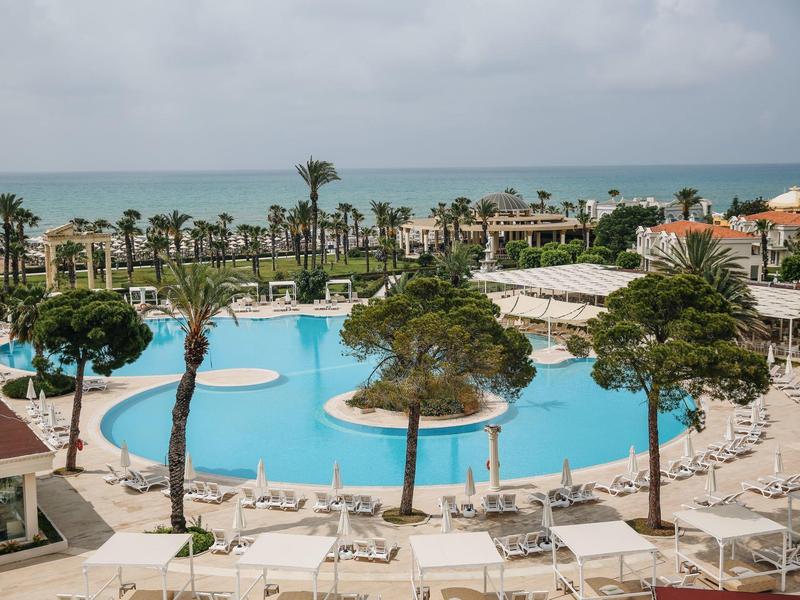Groot hotelzwembad met palmbomen en ligstoelen met uitzicht op zee.
