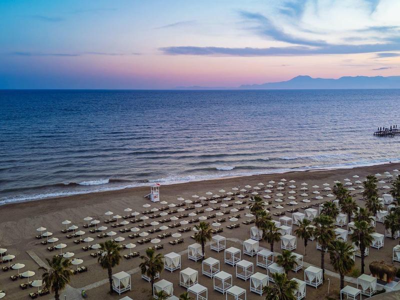 Strand met veel parasols en palmbomen bij zonsondergang aan zee