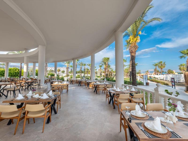 Licht, open terrasrestaurant met gedekte tafels en uitzicht op palmbomen en zwembad.