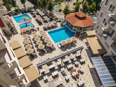 Blick von oben auf einen Hotelpoolbereich mit Schwimmbecken, Sonnenschirmen und Liegestühlen.