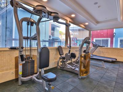 Fitnessruimte met moderne fitnessapparatuur en grote ramen in een hotel.