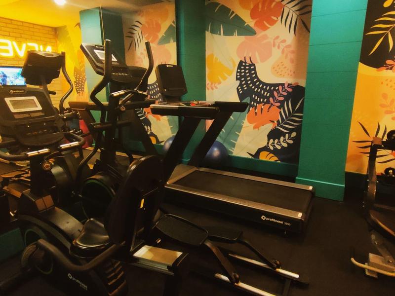 Gym room with treadmills, exercise bikes, and colorful wall art featuring animal motifs.