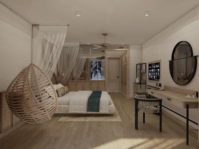 Modernes Schlafzimmer mit Hängesessel, großem Bett, Schreibtisch, rundem Spiegel und sanfter Beleuchtung.