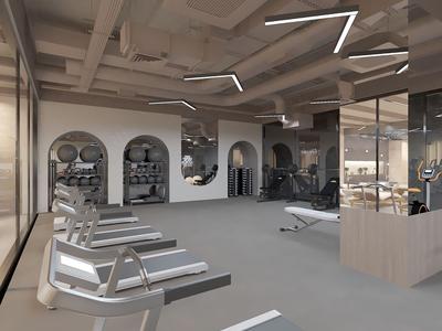 Nowoczesna siłownia z bieżniami i sześciokątnym oświetleniem sufitowym