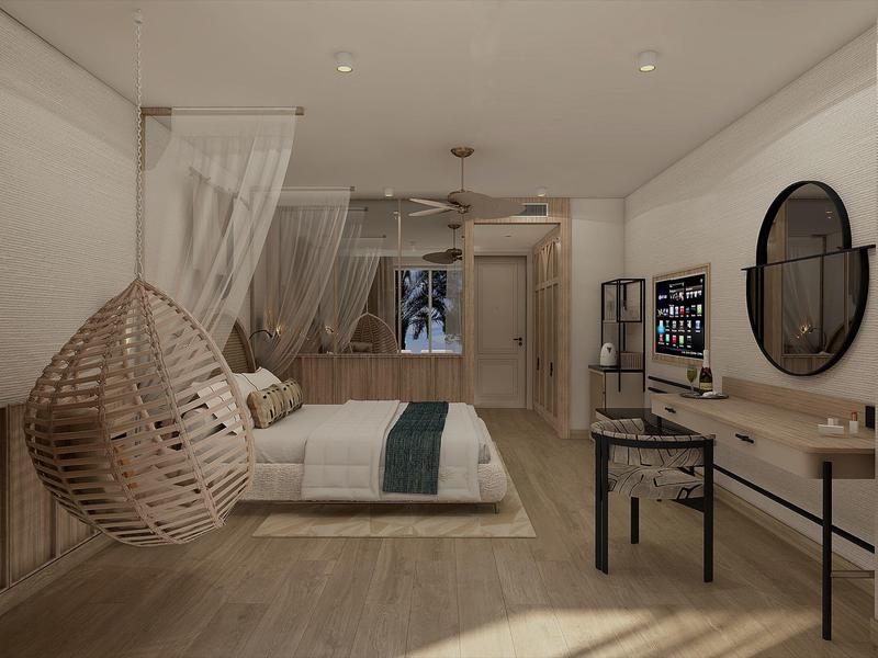 Modernes Schlafzimmer mit Hängesessel, großem Bett, Schreibtisch, rundem Spiegel und sanfter Beleuchtung.