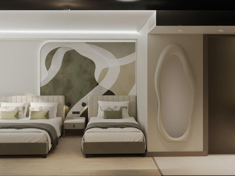 Modernes Schlafzimmer mit zwei Betten, grauem Teppich, abstrakter Wanddekoration und dezenten Farben.