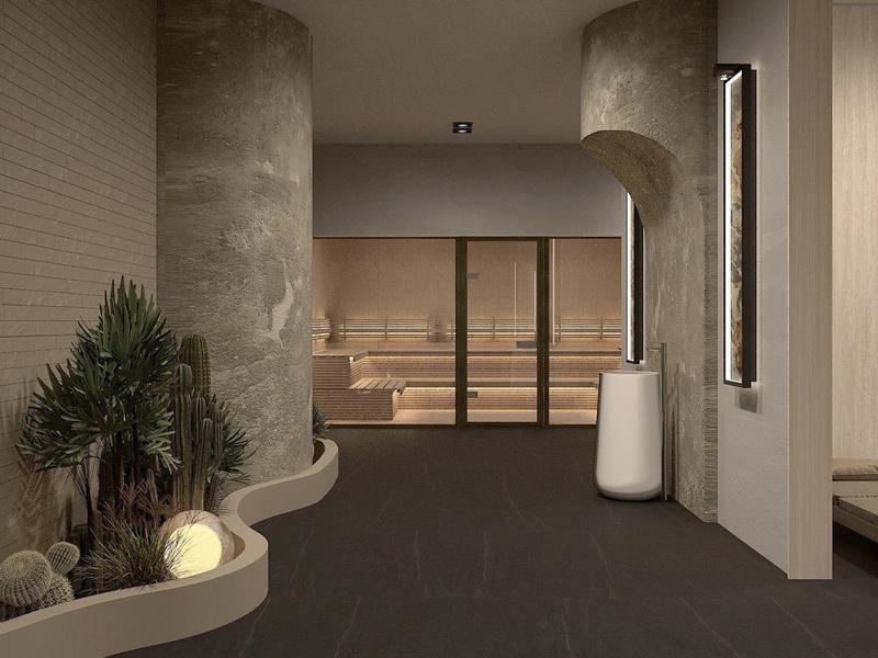 Moderner Innenraum mit hellbraunen Wänden, schwarzen Boden, Pflanzen und großem Fenster mit Holzjalousien.