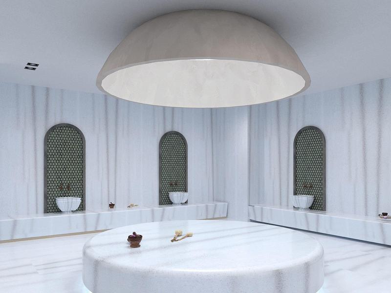 Moderner, heller Wellnessraum mit rundem Marmorbecken, hoher Deckenleuchte und sanften Wänden.