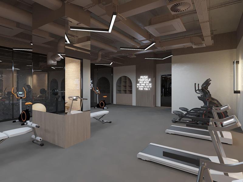 Moderner Fitnessraum mit Laufbändern, Trainingsgeräten und minimalistischer Beleuchtung.