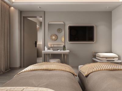 Moderní hotelový pokoj se dvěma postelemi, televizí na stěně a umyvadlem se zrcadlem.