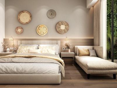 Světlá ložnice s manželskou postelí, lenoškou, nástěnnou dekorací a výhledem do zahrady