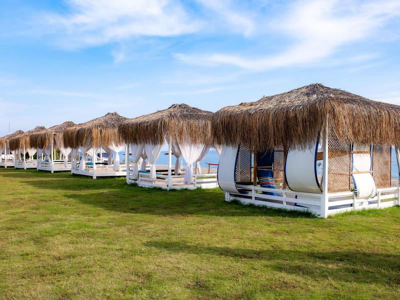 Rangée de lits de plage blancs avec toits en paille sur herbe verte sous un ciel bleu.