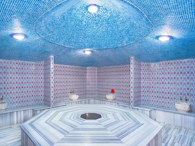 Grand hammam turc avec murs carrelés bleus et table centrale en pierre.