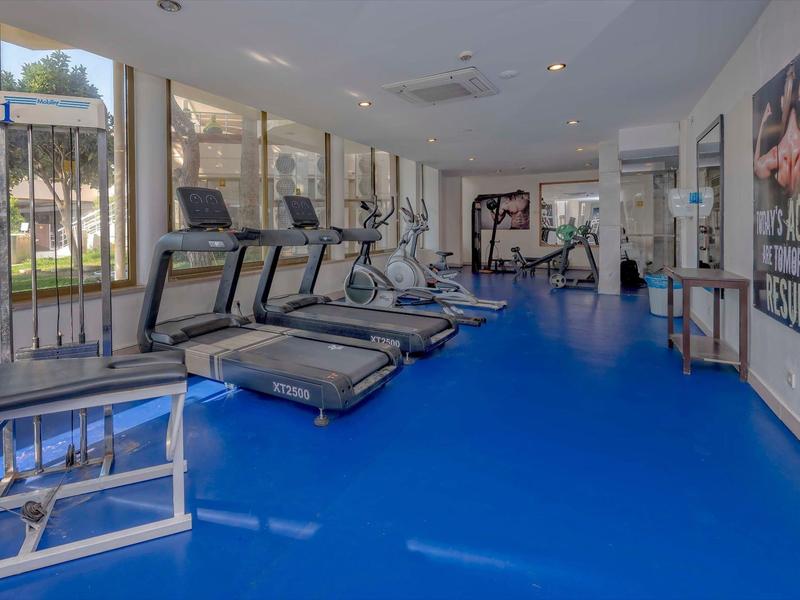Gimnasio luminoso con suelo azul, cintas de correr y equipos de fuerza junto a las ventanas.
