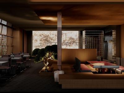 Modern hotel room with large window, wooden furniture, and warm lighting creating a cozy atmosphere.