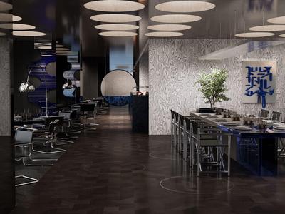 Modern hotel restaurant with dark parquet, illuminated tables, and round ceiling lamps.