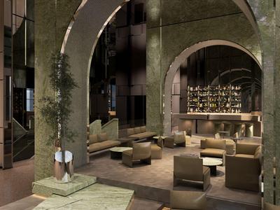 Elegant hotel lounge area with curved arches and comfortable seating.