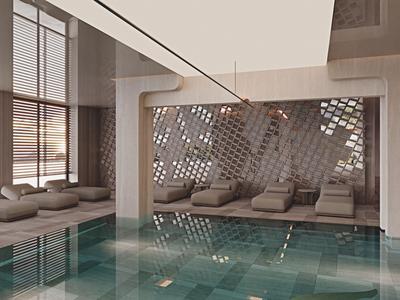 Modern indoor pool with lounge chairs and reflective walls in a hotel.