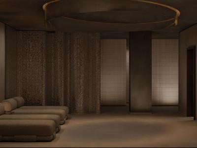 Dark wellness room with multiple loungers, curtains, and soft lighting.
