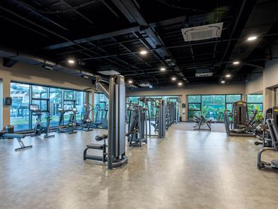 Großer Fitnessraum mit modernen Trainingsgeräten und großen Fenstern mit Außenblick.