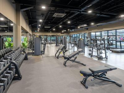 Großer Fitnessraum mit Hanteln, Geräten und Trainingsbänken in modernem Design.