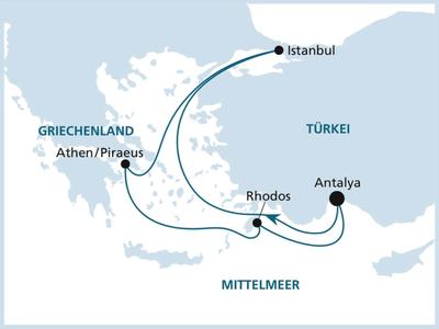 Karte zeigt Flugrouten von Istanbul nach Antalya, Rhodos und Athen in Griechenland am Mittelmeer.