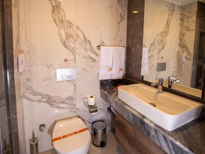 Modernes Badezimmer mit Marmorwänden, rechteckigem Waschbecken, Spiegel und Toilette.