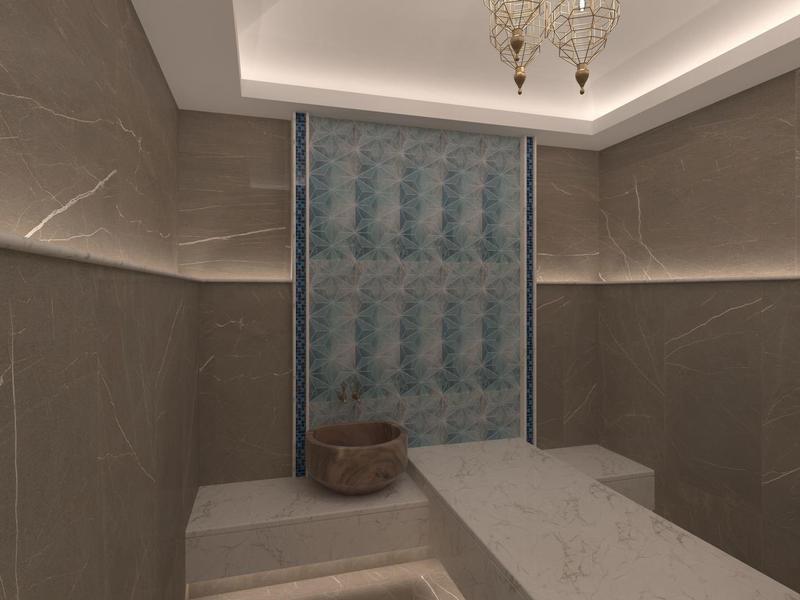 Espace bien-être moderne avec murs en marbre et lit de détente central.