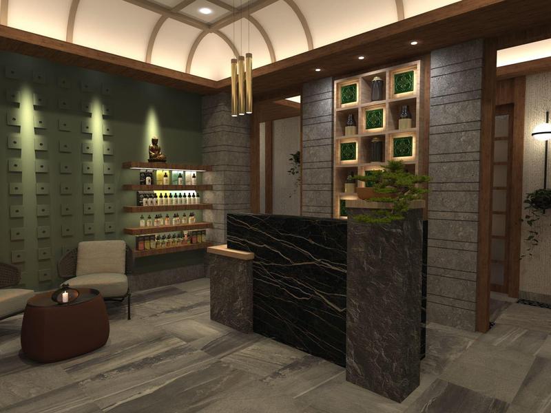 Réception d'hôtel moderne avec comptoir sombre, sièges et étagères en arrière-plan.