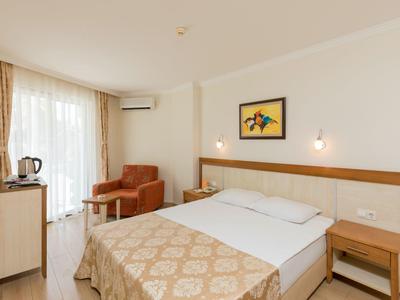 Bright hotel room with double bed, armchair, and TV near the window.
