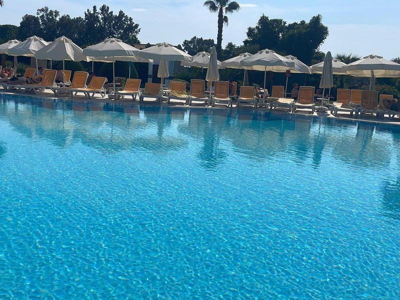Large pool with sun umbrellas and loungers at a hotel beach under clear sky.