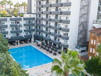 Hôtel avec grande piscine extérieure entourée de bâtiments et de palmiers.