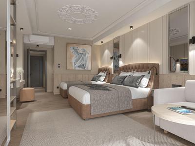 Modernes Schlafzimmer mit großem Bett, grauen und weißen Farbtönen, Teppichboden und dekorativem Wandbild.