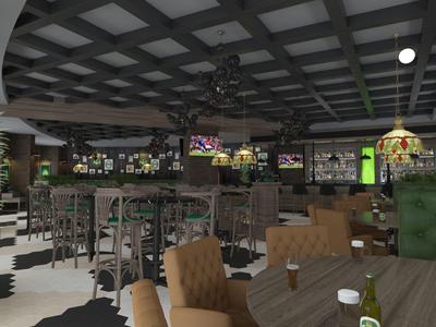 Vue intérieure d'un bar avec comptoir, tabourets et éclairage décoratif.