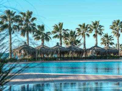 Large hotel pool with clear water and palm trees in the background under blue sky.